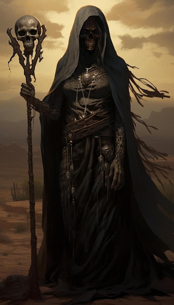una mujer con una túnica negra con un largo manto negro y un largo mando negro.