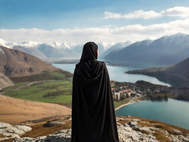 Foto una mujer con una túnica negra está de pie en el borde de la montaña y mira al valle