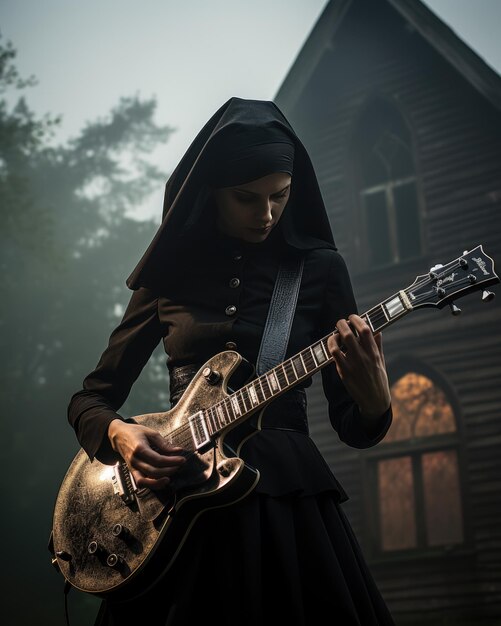 una mujer con una túnica negra sosteniendo una guitarra frente a una casa con una ventana al fondo.