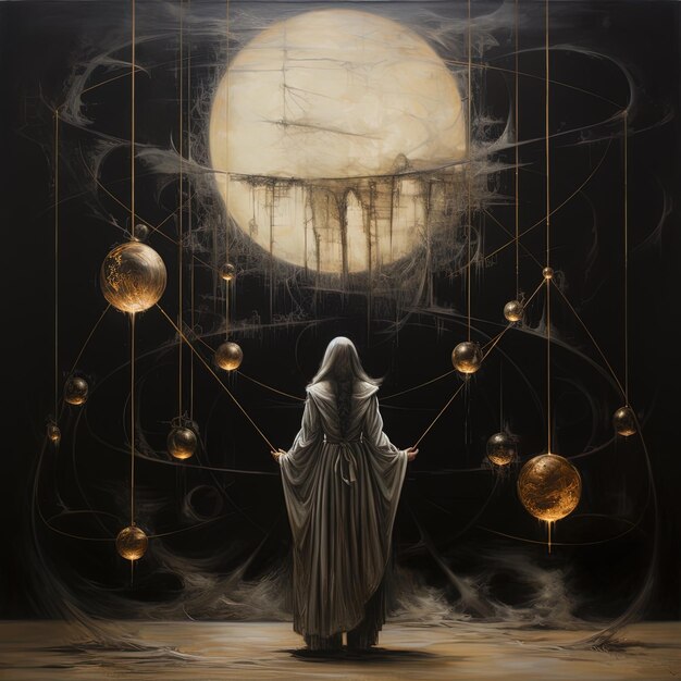 Foto una mujer con una túnica está de pie frente a una luna con las palabras dios en ella