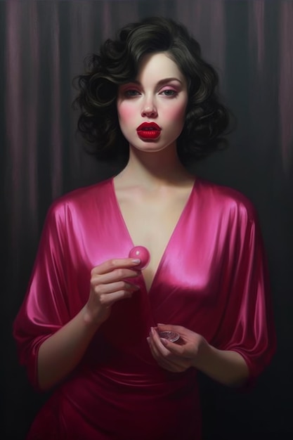 Una mujer con una túnica rosa con un top de satén rosa y labios rojos.