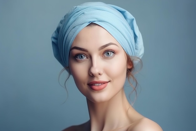 Una mujer con un turbante azul en la cabeza.