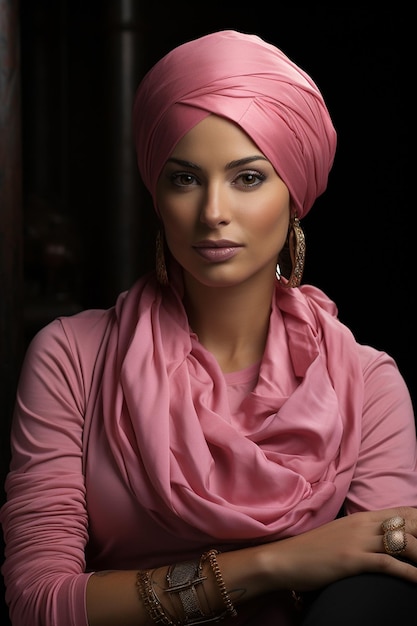 mujer con turbante rosa y tejido asia