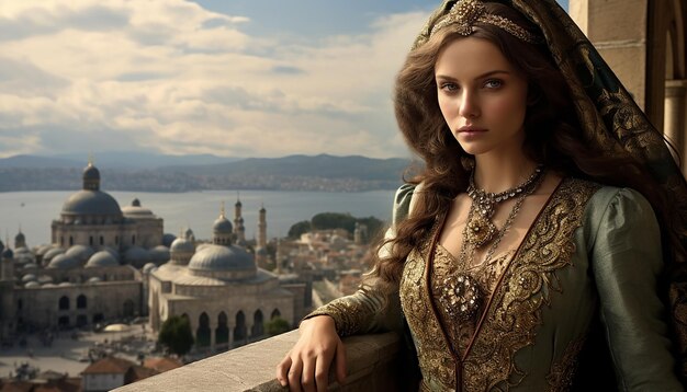 Foto mujer turca en plano completo con el majestuoso palacio de topkapi al fondo ficción histórica