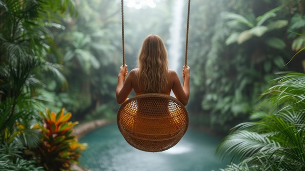 Mujer turista balanceándose en una silla de rattan de mimbre en la vista de la naturaleza de la jungla