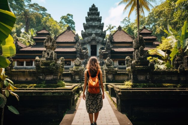 Foto mujer turista en bali ubud indonesia concepto de viaje una mujer turista con una mochila de vacaciones caminando por el templo hindú en bali indonesia generado por ia