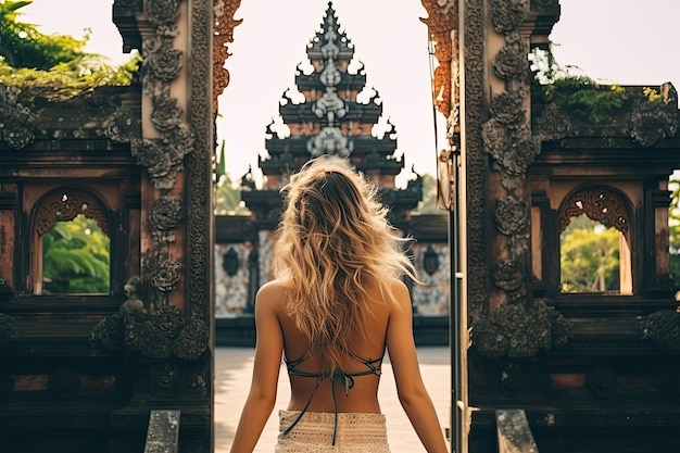 Foto mujer turista joven en el templo balinés de la isla de bali indonesia ia generativa