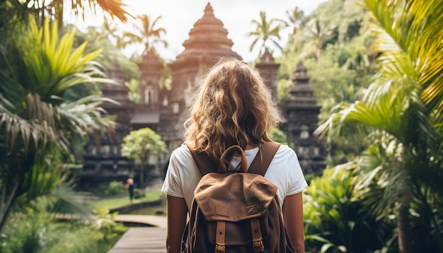 Mujer turista con mochila de vacaciones en Bali