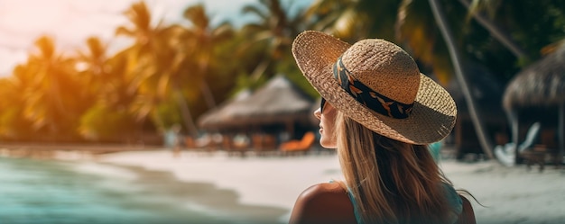 Una mujer turista relajándose en una playa tropical Crear con ai generativo