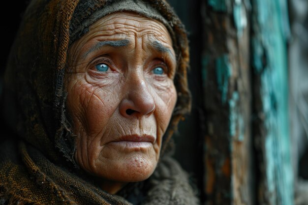 Foto mujer ucraniana de edad triste en la casa bombardeada fondo consecuencias de la guerra concepto