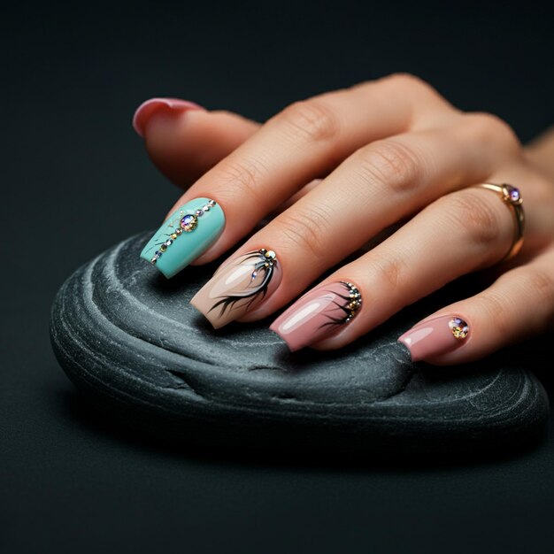 una mujer con uñas pintadas con un pájaro en ella