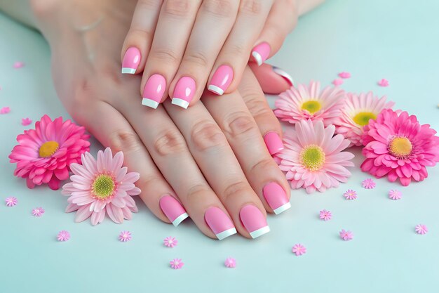 una mujer con uñas rosas y una flor rosada en sus uñas
