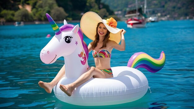 Mujer en un unicornio inflable