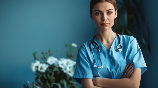 una mujer en un uniforme azul con un estetoscopio en el cuello de pie frente a una pared azul