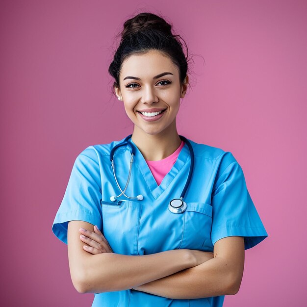 una mujer en un uniforme azul con un estetoscopio en el cuello