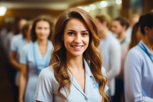 Mujer en uniforme azul sonriendo para la cámara con otras personas en el fondo IA generativa