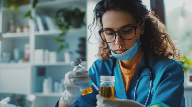 Foto una mujer en un uniforme azul está sosteniendo un tubo de ensayo con una jeringa en él