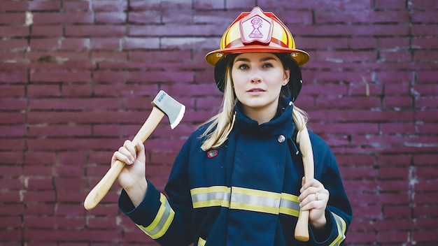 una mujer con un uniforme de bomberos que sostiene un martillo