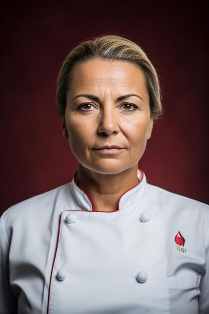 Foto una mujer con un uniforme de chef blanco con un logotipo rojo en el frente