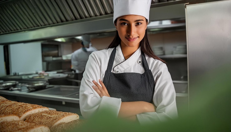 Foto una mujer en un uniforme de chef está de pie frente a un pan