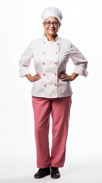 una mujer en uniforme de chef se para frente a un fondo blanco