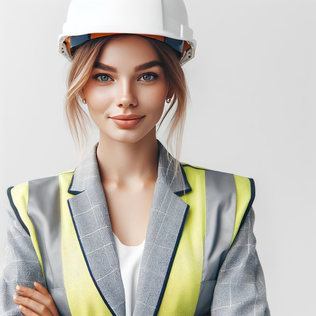 una mujer en uniforme de constructor está en construcción en el fondo