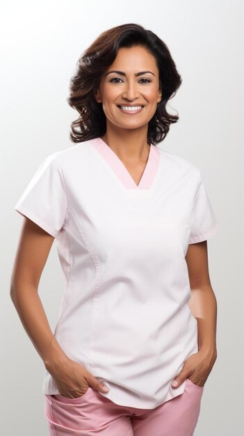 Foto una mujer en un uniforme de enfermera blanca con una camisa rosa