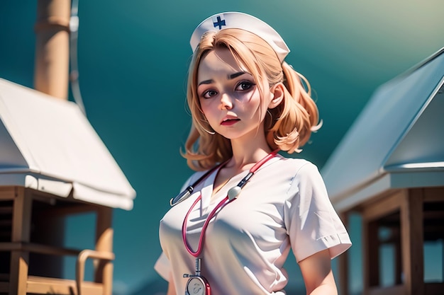 Una mujer con uniforme de enfermera blanca se para frente a un cielo azul.