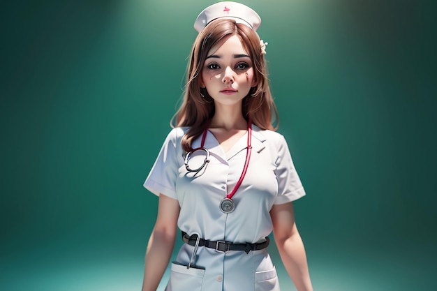 Una mujer con uniforme de enfermera blanca se para frente a un fondo verde.