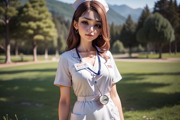 Una mujer con uniforme de enfermera se encuentra en un campo con montañas al fondo.