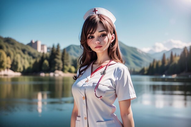 Una mujer con un uniforme de enfermera está de pie frente a un lago.