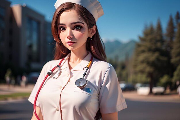 Una mujer con uniforme de enfermera se para frente a una montaña.