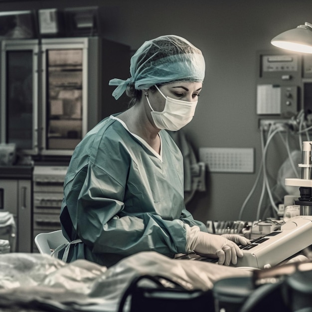 Una mujer con uniforme de hospital está trabajando en una máquina con una luz encendida.