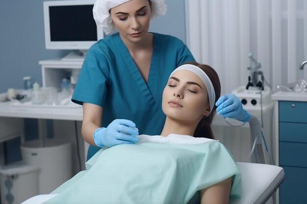 una mujer en un uniforme de lavado azul está mirando un modelo de un paciente