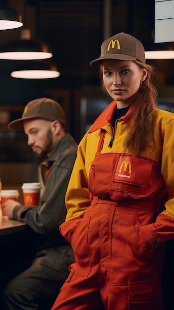 Una mujer con el uniforme de McDonald's se para en un restaurante.