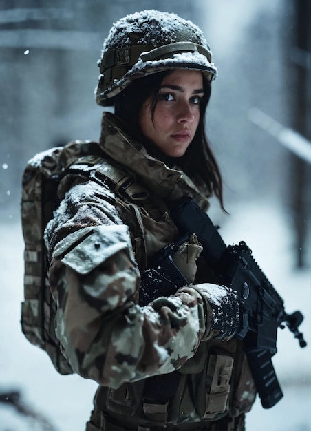 Foto una mujer en uniforme militar con un arma en la mano