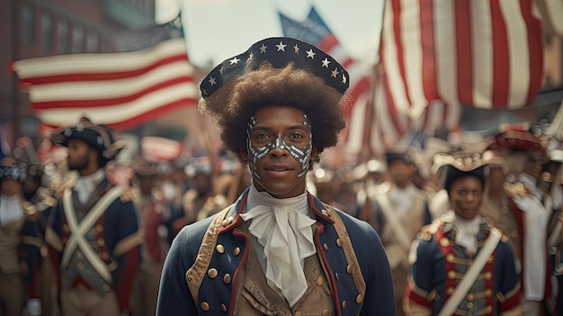 Mujer en uniforme militar parada frente a la bandera estadounidense Día de la Independencia estadounidense