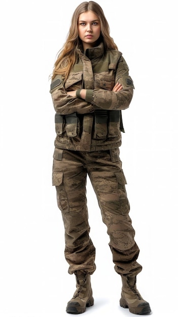 Mujer en uniforme militar de pie con los brazos cruzados