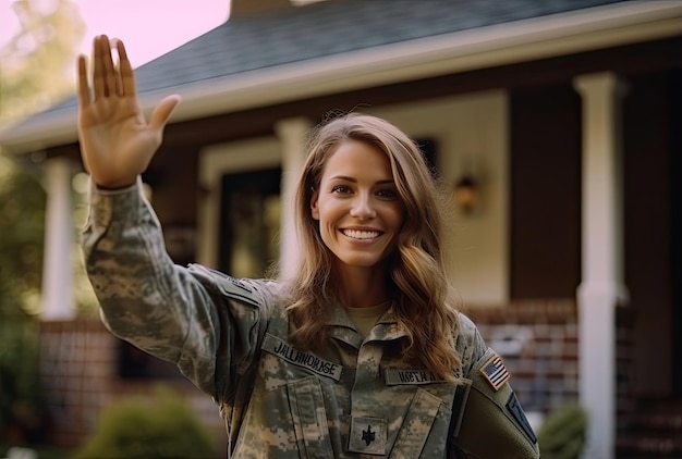 Una mujer con uniforme militar saludando a la cámara.