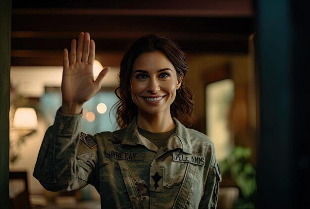 Una mujer con uniforme militar saludando