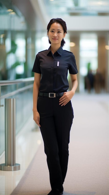 una mujer en uniforme parada en un pasillo