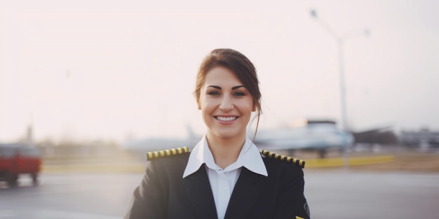 Una mujer con uniforme de piloto se para frente a un avión.