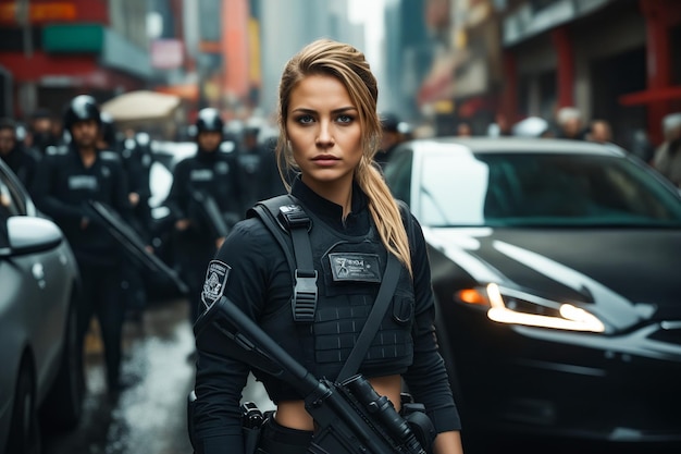 Mujer en uniforme de policía con un arma en la calle. IA generativa.