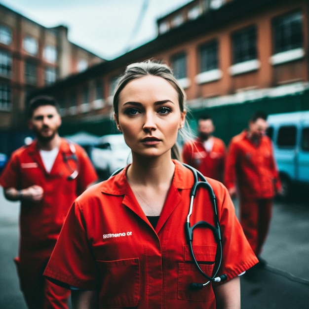 Una mujer con un uniforme rojo con la palabra "stethos" en él.