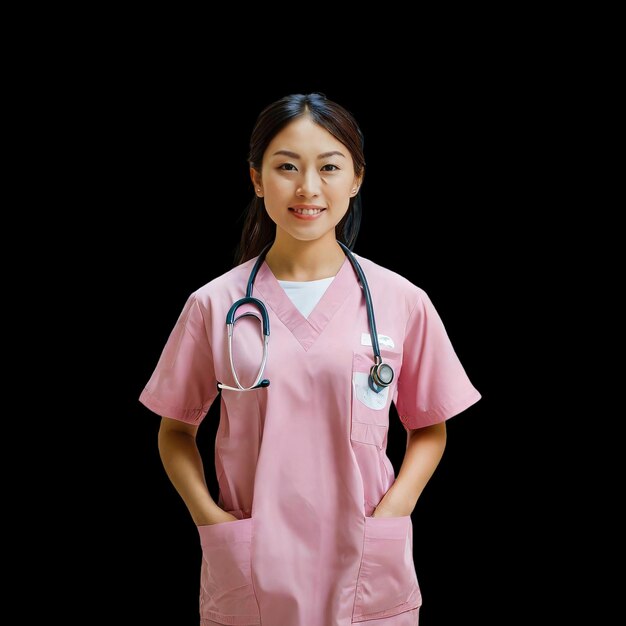 Foto una mujer en un uniforme rosa con un estetoscopio en el cuello