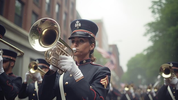 Mujer en uniforme tocando la trompeta en el desfile del Día de los Caídos