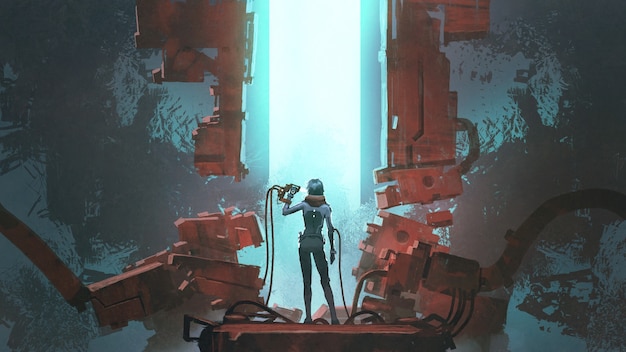 Una mujer usa una herramienta futurista para conectarse a su cuerpo, estilo de arte digital, pintura de ilustración