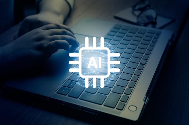 La mujer usa el poder de la IA en la computadora portátil Concepto de chat AI Inteligencia artificial Tecnología futurista