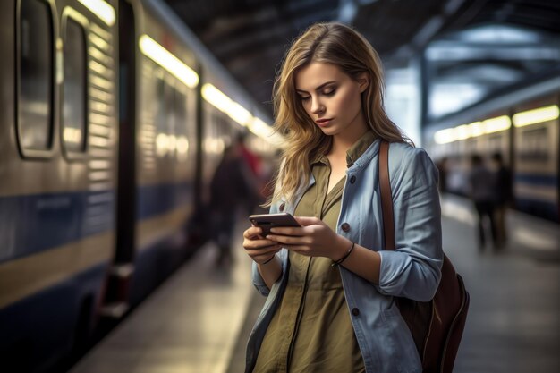 Una mujer usa su teléfono en una estación de tren