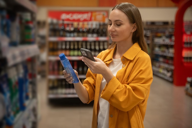 Foto una mujer usa su teléfono inteligente para escanear el pasillo de productos de limpieza doméstica en una tienda de comestibles durante el día en busca de ofertas